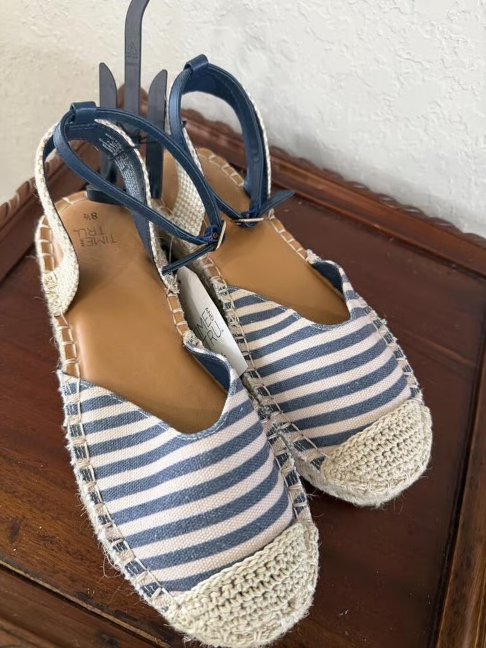 Time and Tru Blue and White Striped Espadrille Slingback Flats
